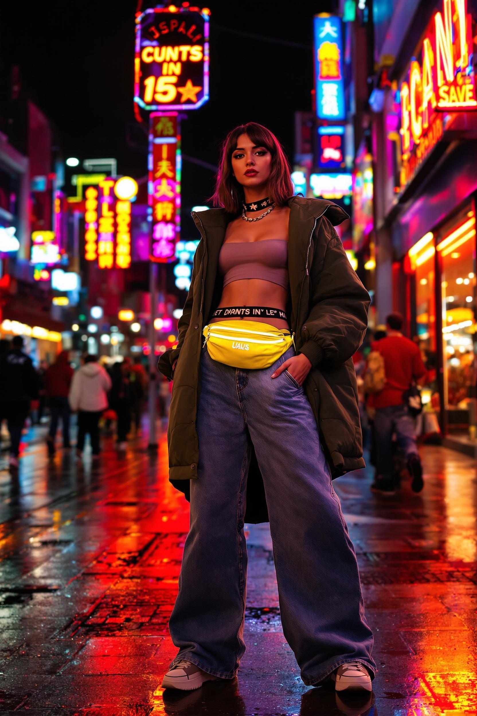 Streetwear rétro 90s femme : parka oversize, jean large, micro-short visible et sac banane fluo.