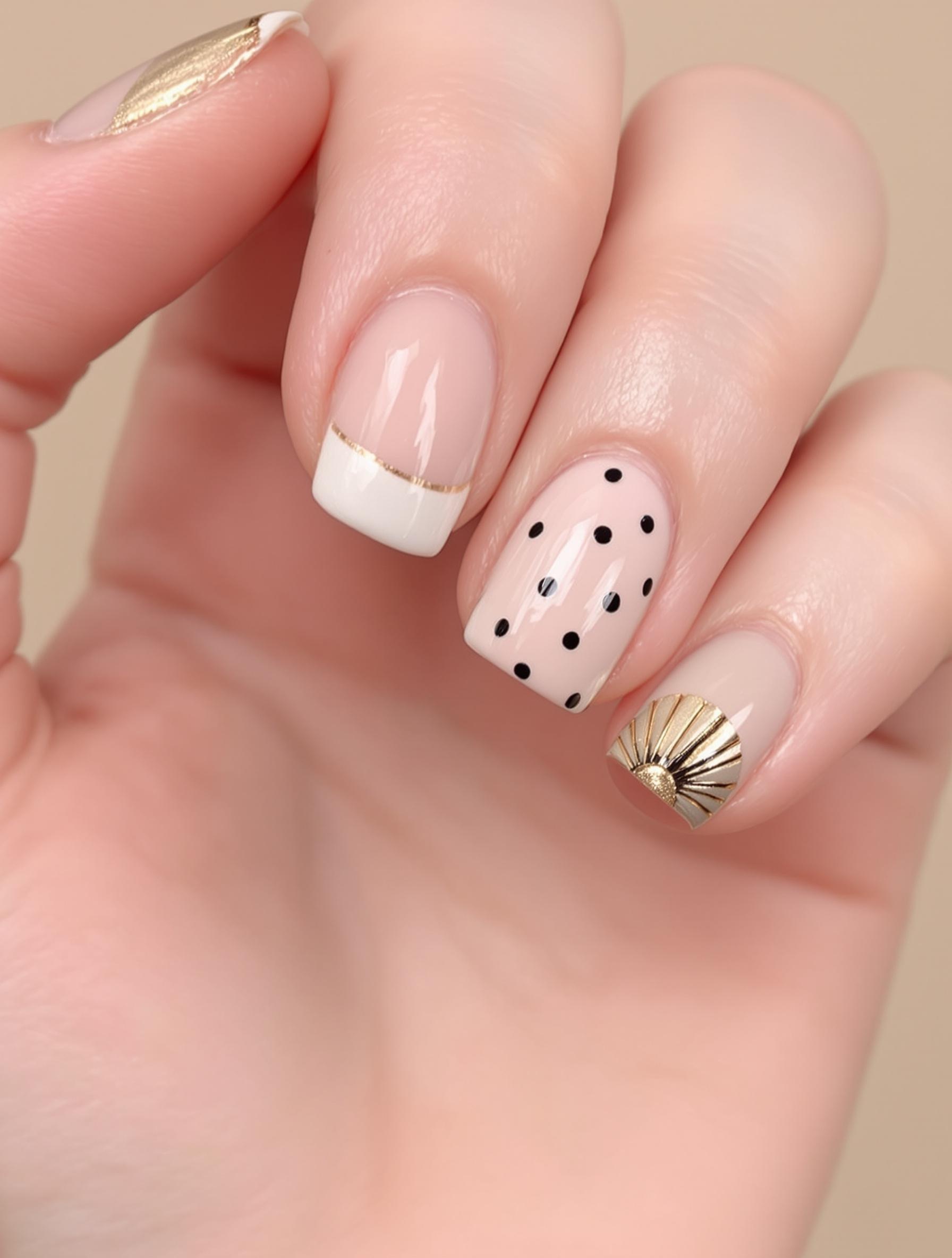 Exemples de nail art minimaliste : french revisitée, negative space, pois noirs sur fond nude, demi-lune dorée.