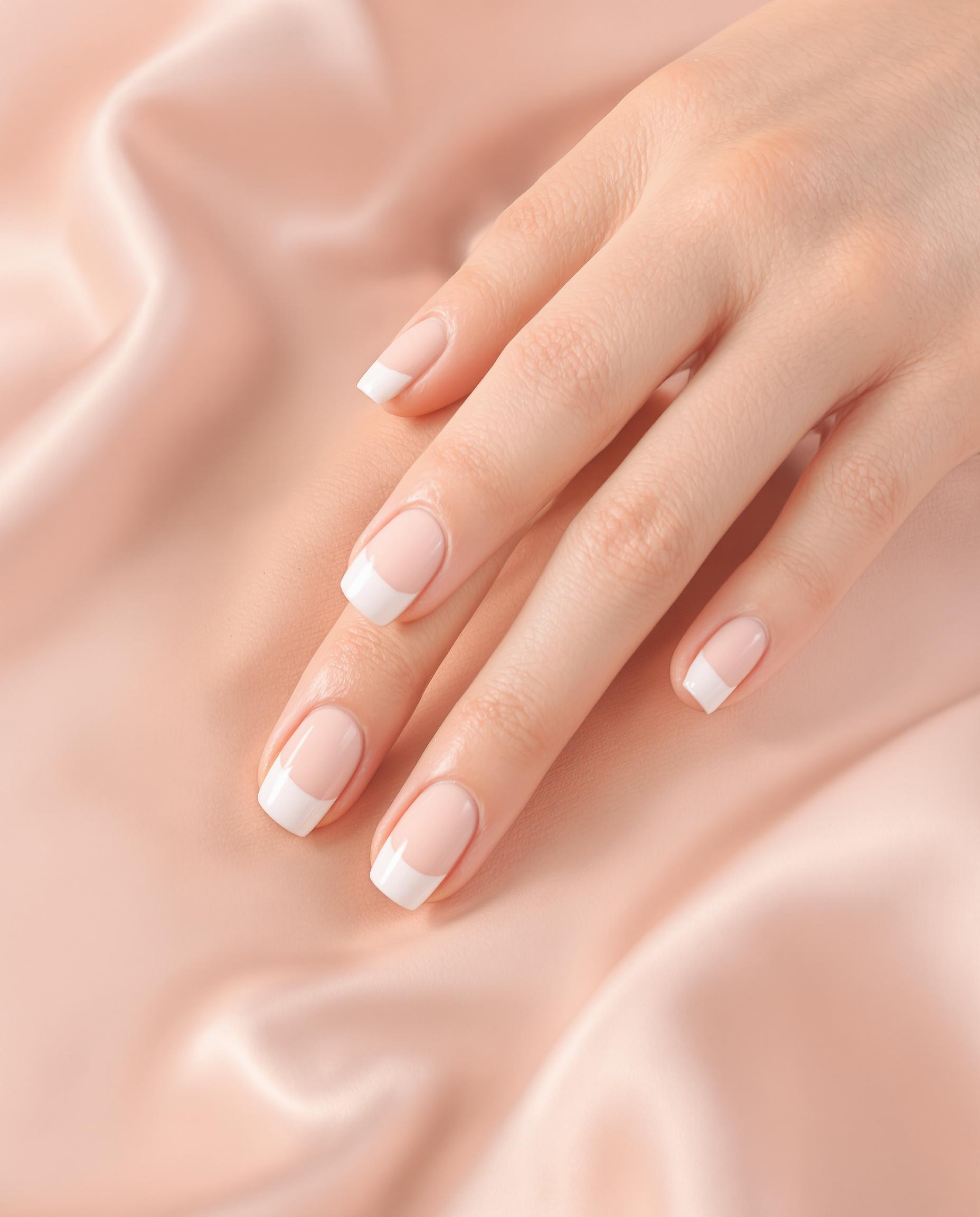 French manucure blanc et nude élégante sur fond pastel