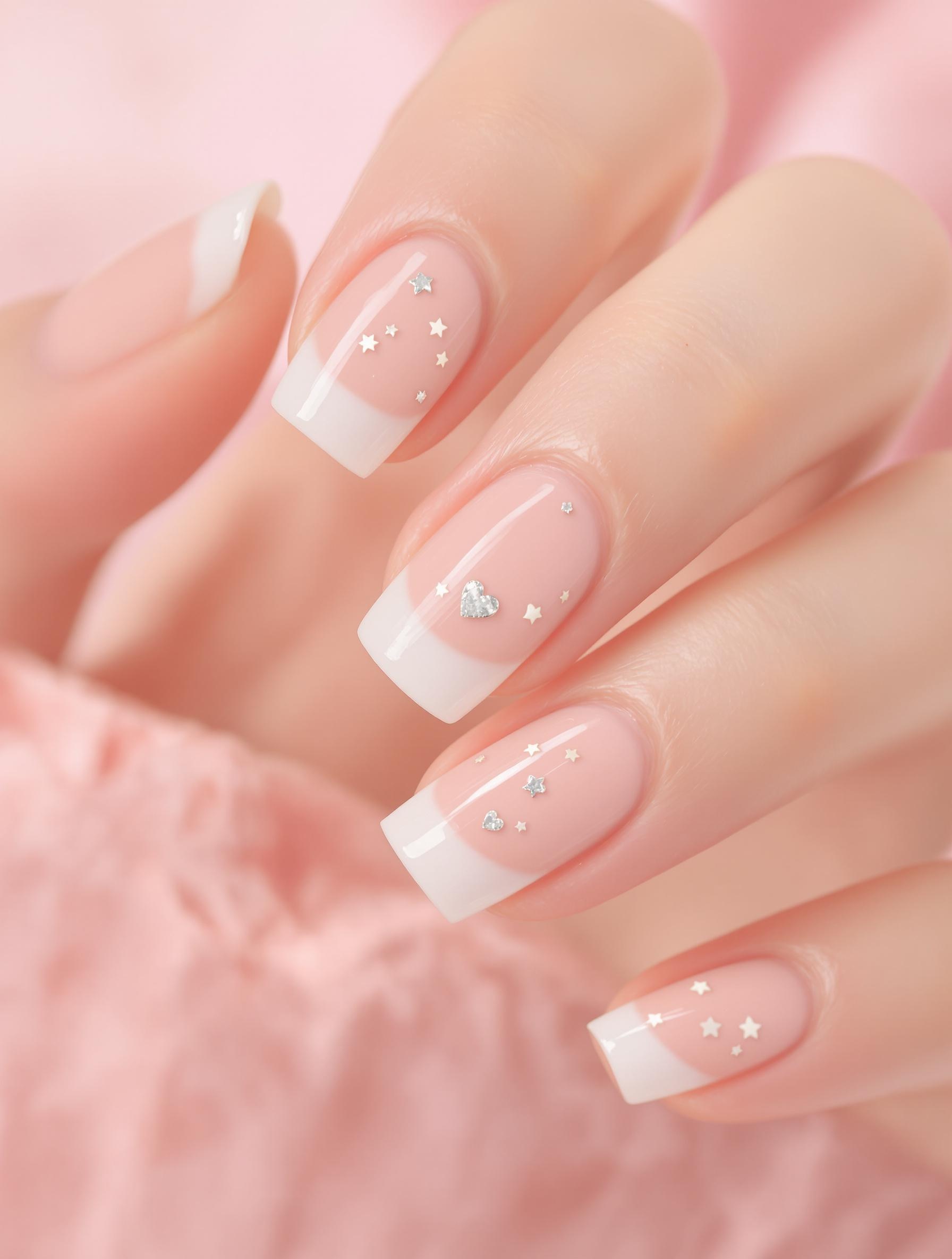 Ongles French décorés avec stickers étoiles et strass argent minimalistes
