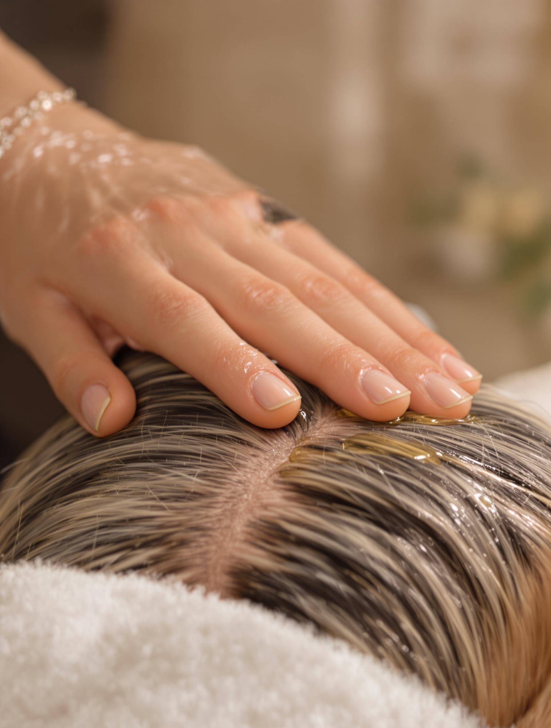 Main massant le cuir chevelu avec de l’huile avant le shampooing