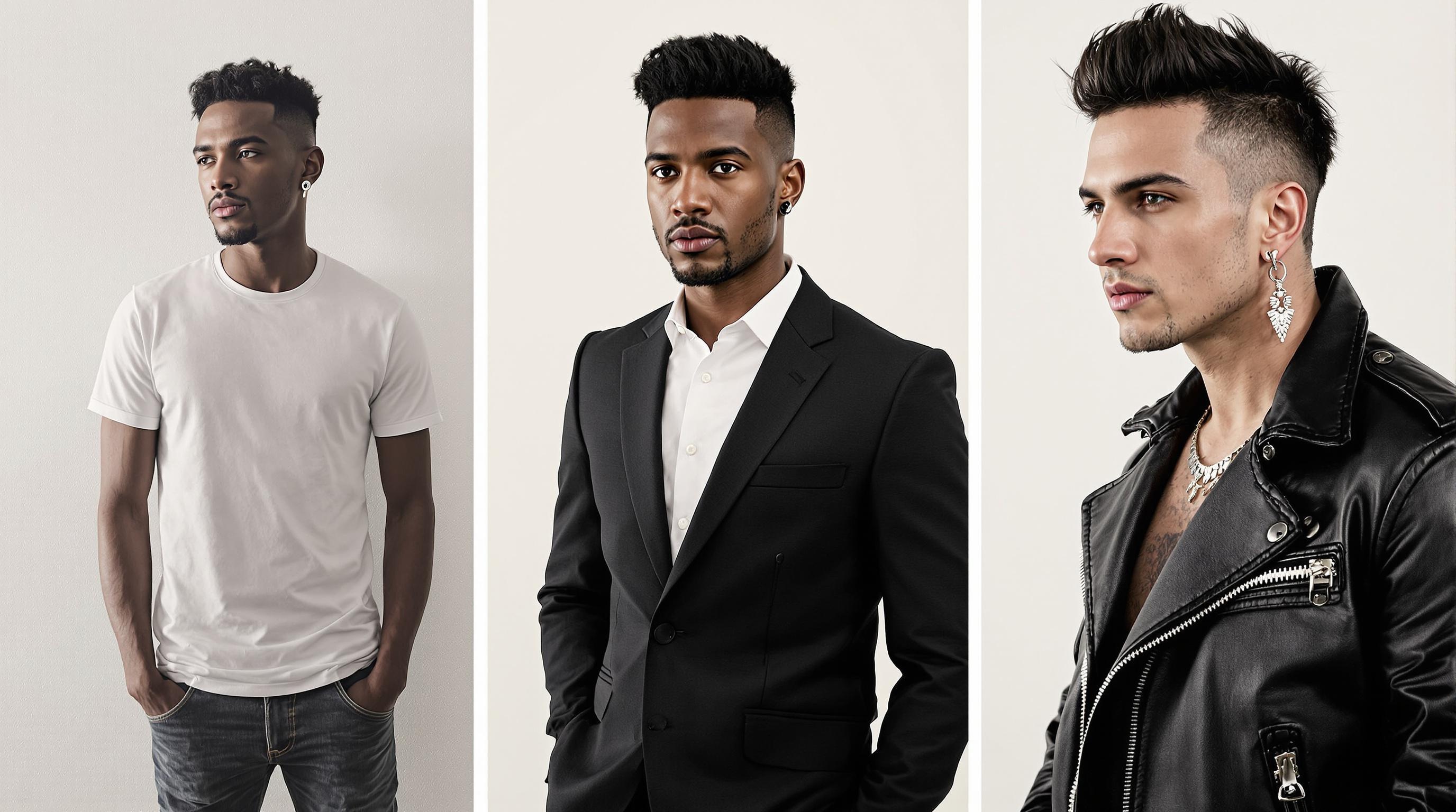 Trois styles masculins avec boucle d'oreille gauche : casual, chic et rock