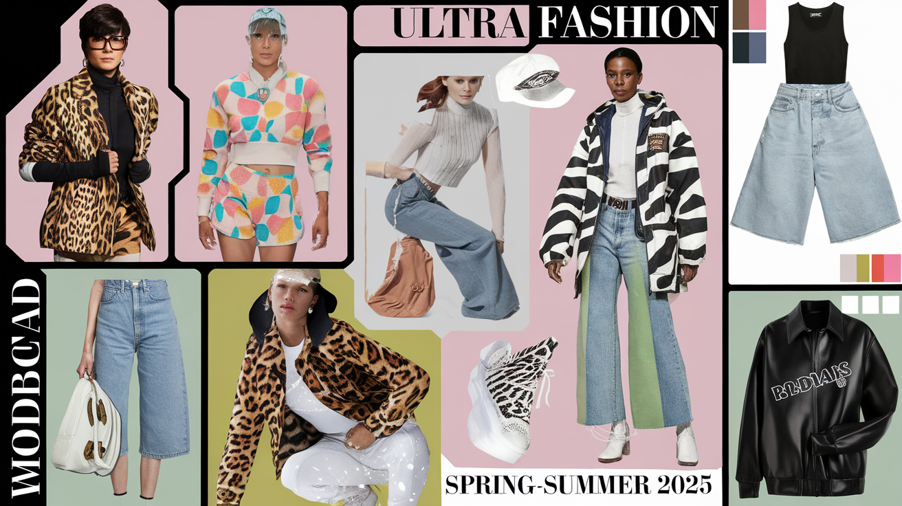 Moodboard des tendances mode femme printemps-été 2025 : imprimés animaliers, couleurs pastel, silhouettes XXL