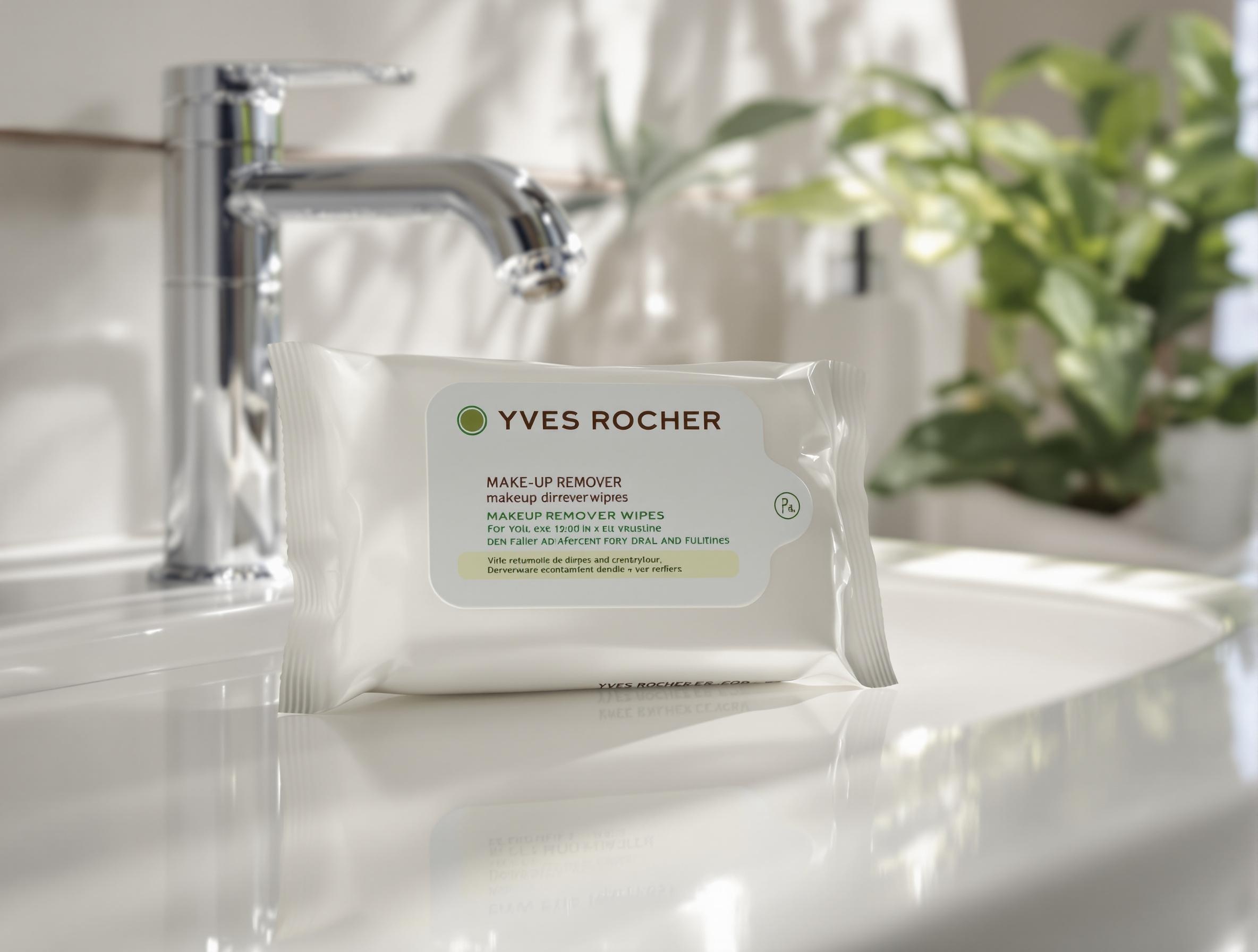 Pack de lingettes démaquillantes Yves Rocher posé sur un lavabo blanc