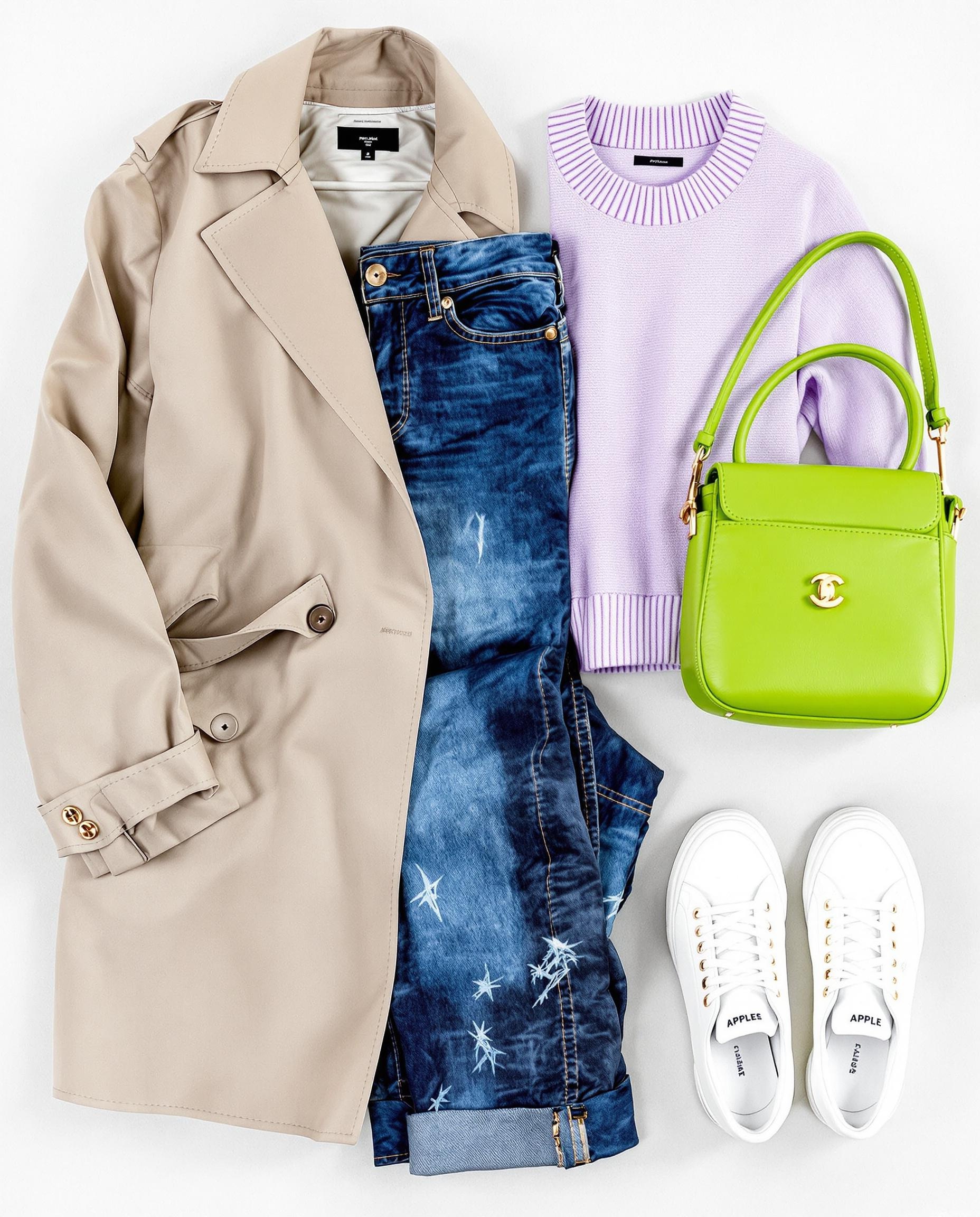Palette tenues mi-saison trench beige jean pull lavande sac vert pomme baskets blanches
