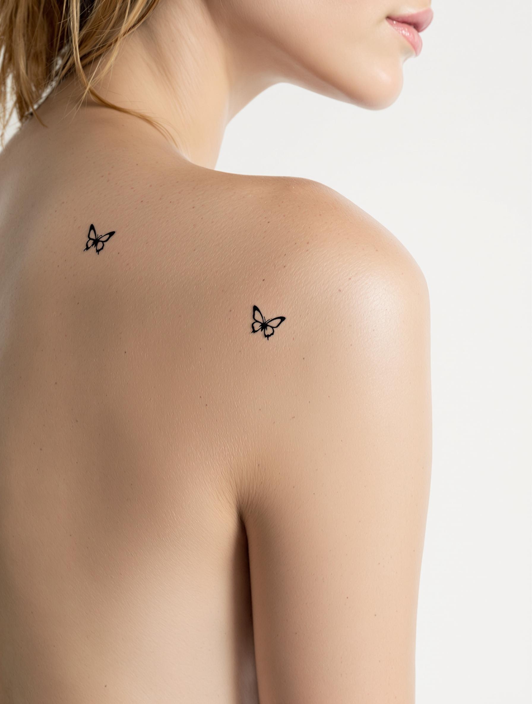 Deux papillons minimalistes en noir tatoués sur l’omoplate d’une femme