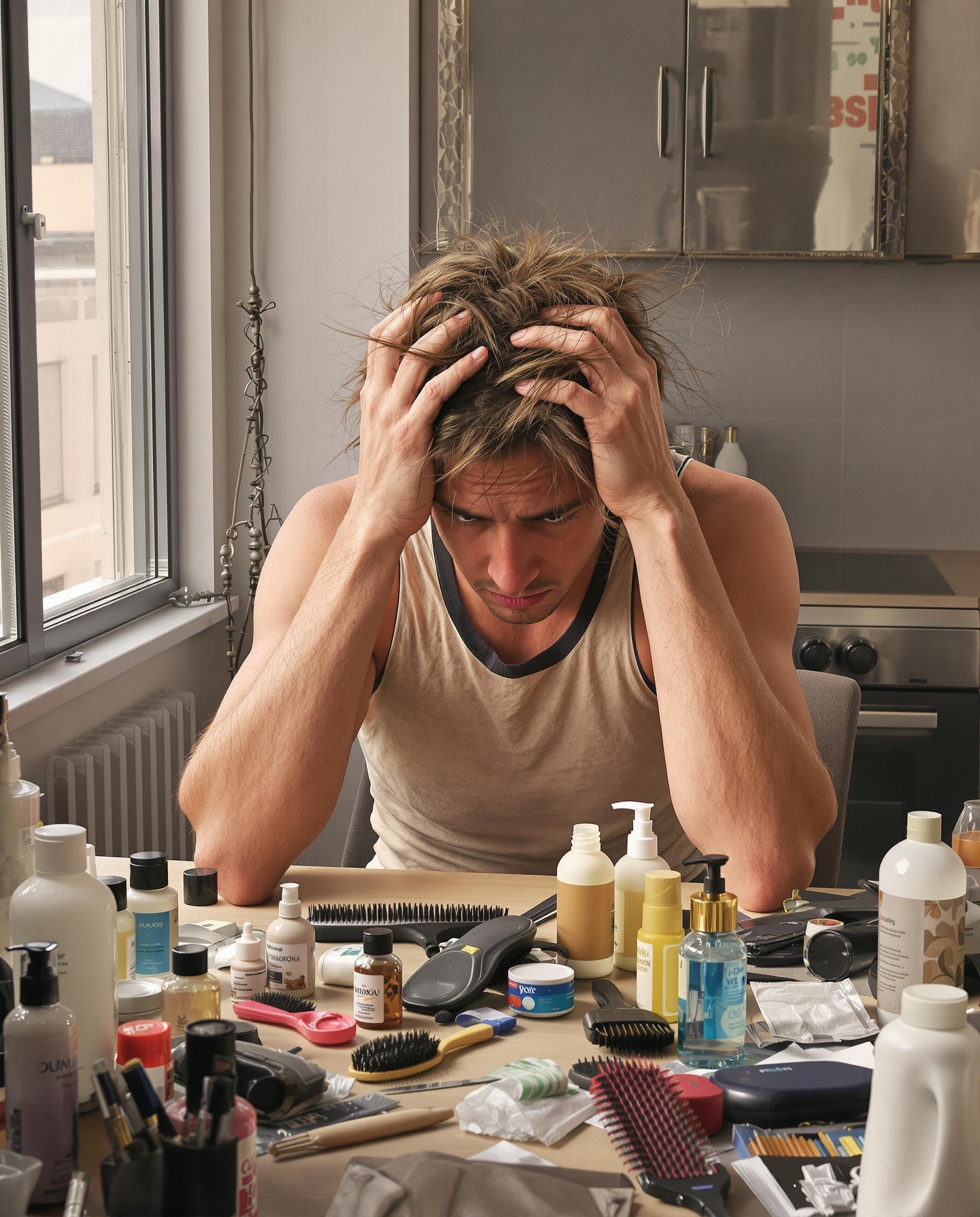 Personne stressée avec des produits capillaires sur une table