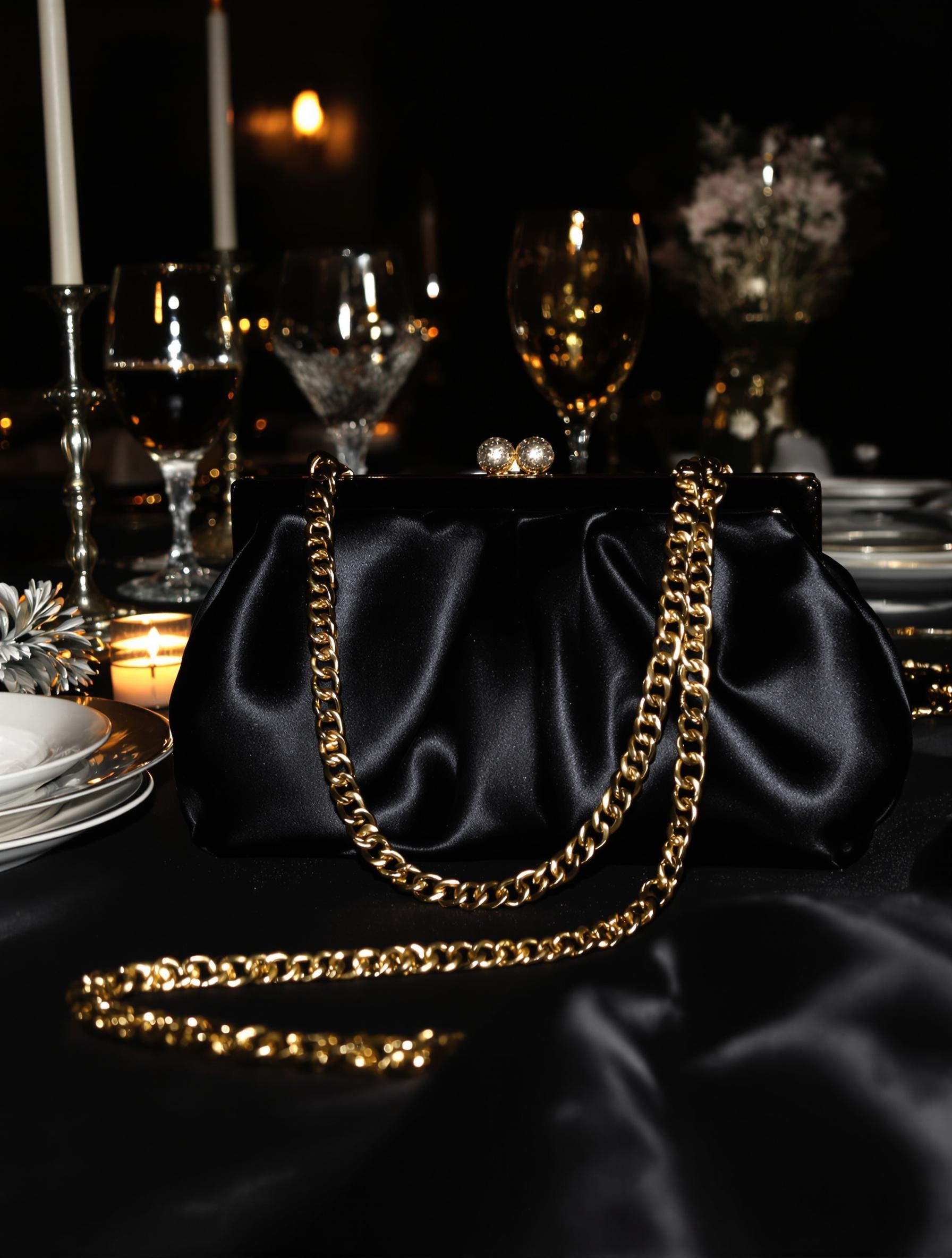 Pochette noire en satin chaîne dorée sur table de fête élégante