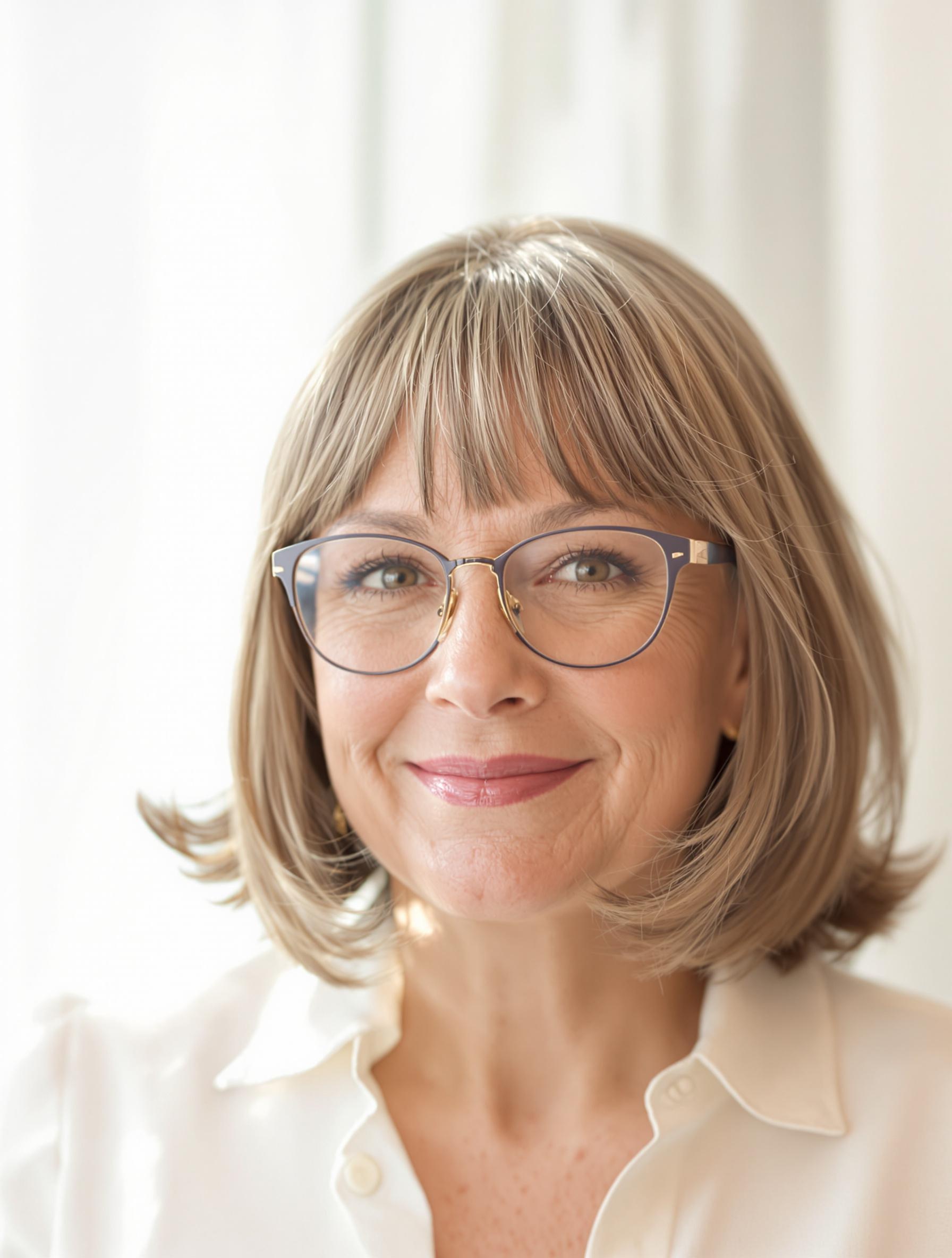 Portrait femme mature mi-long dégradé frange légère Marina Boulogne lunettes
