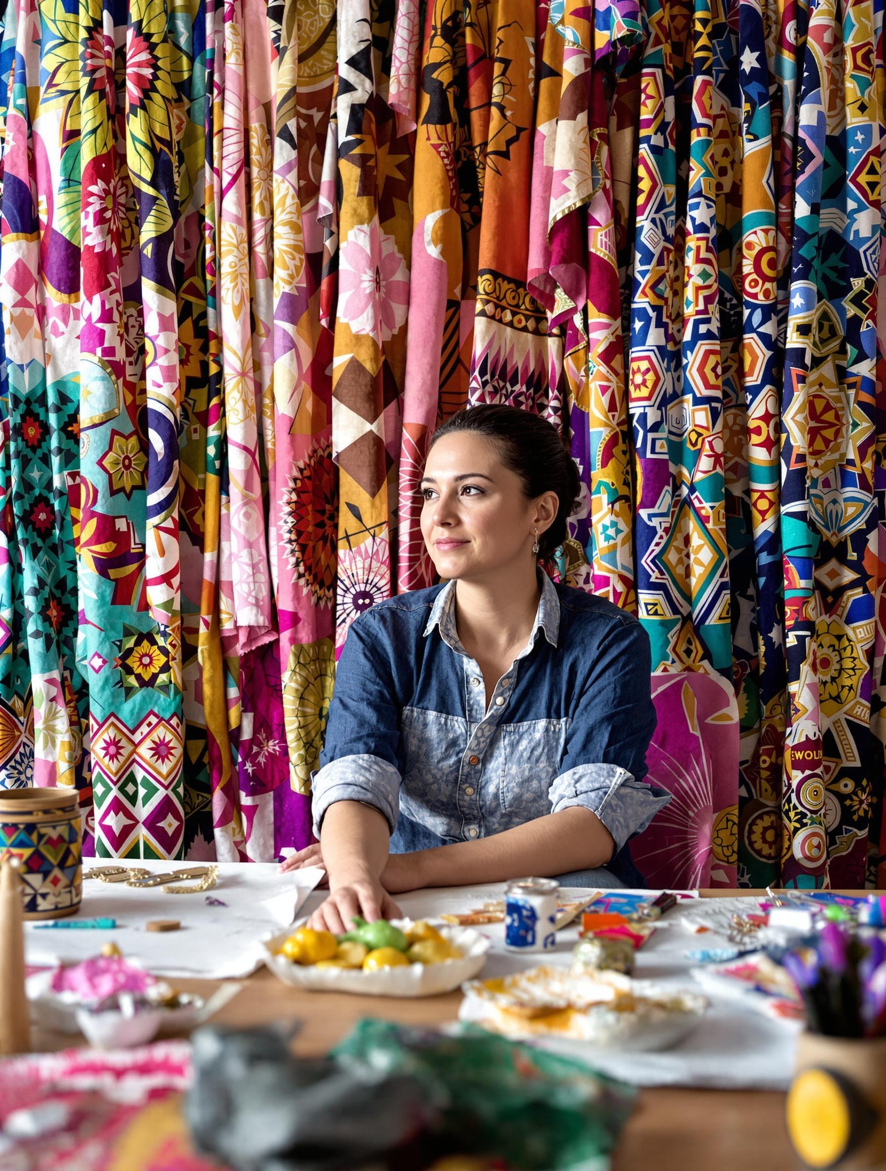 Portrait de Mélou en atelier, entourée de tissus colorés révélant motifs kaléidoscopiques