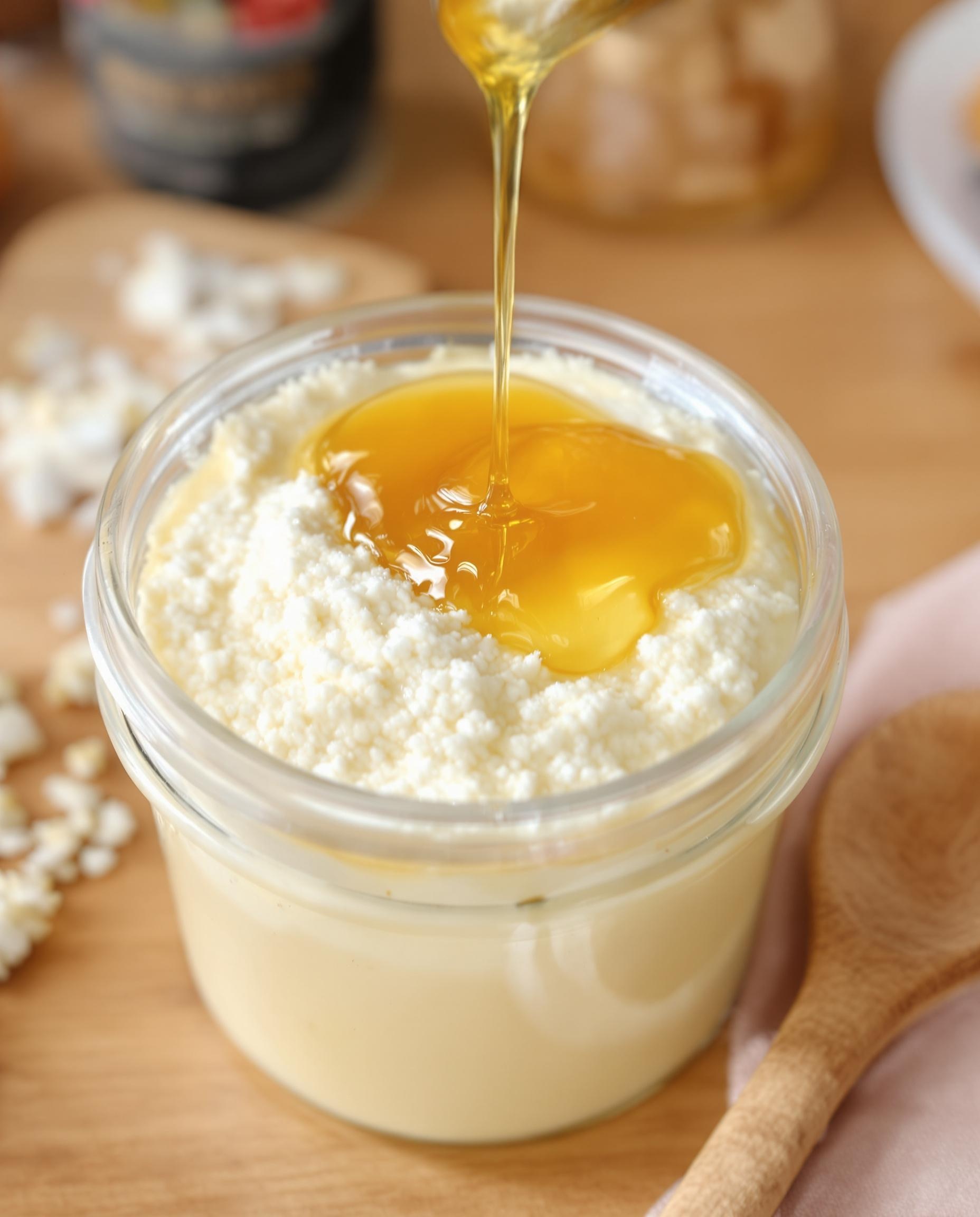 Pot en verre contenant un masque épais à la Maïzena, miel liquide doré et huile de coco sur une table naturelle.