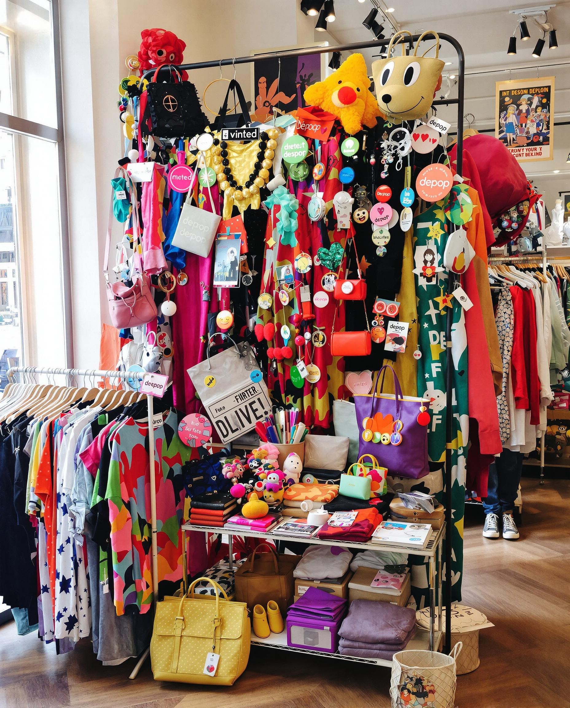 Présentoir de friperie moderne avec badges Vinted et Depop, vêtements vintage colorés.