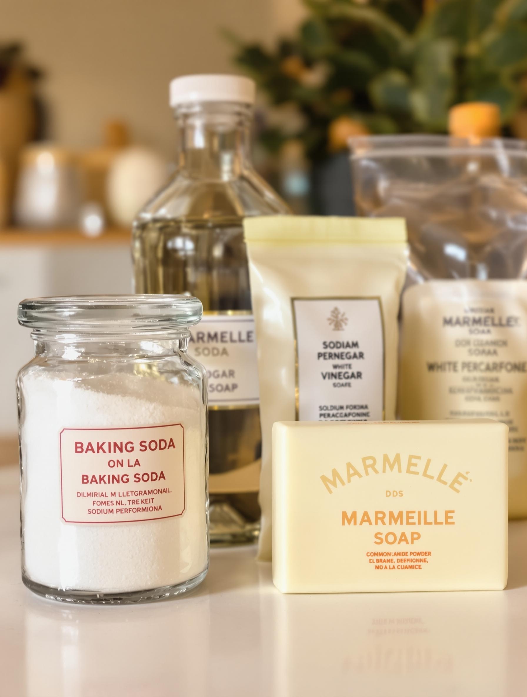 Vue rapprochée pots épices bicarbonate vinaigre percarbonate savon Marseille