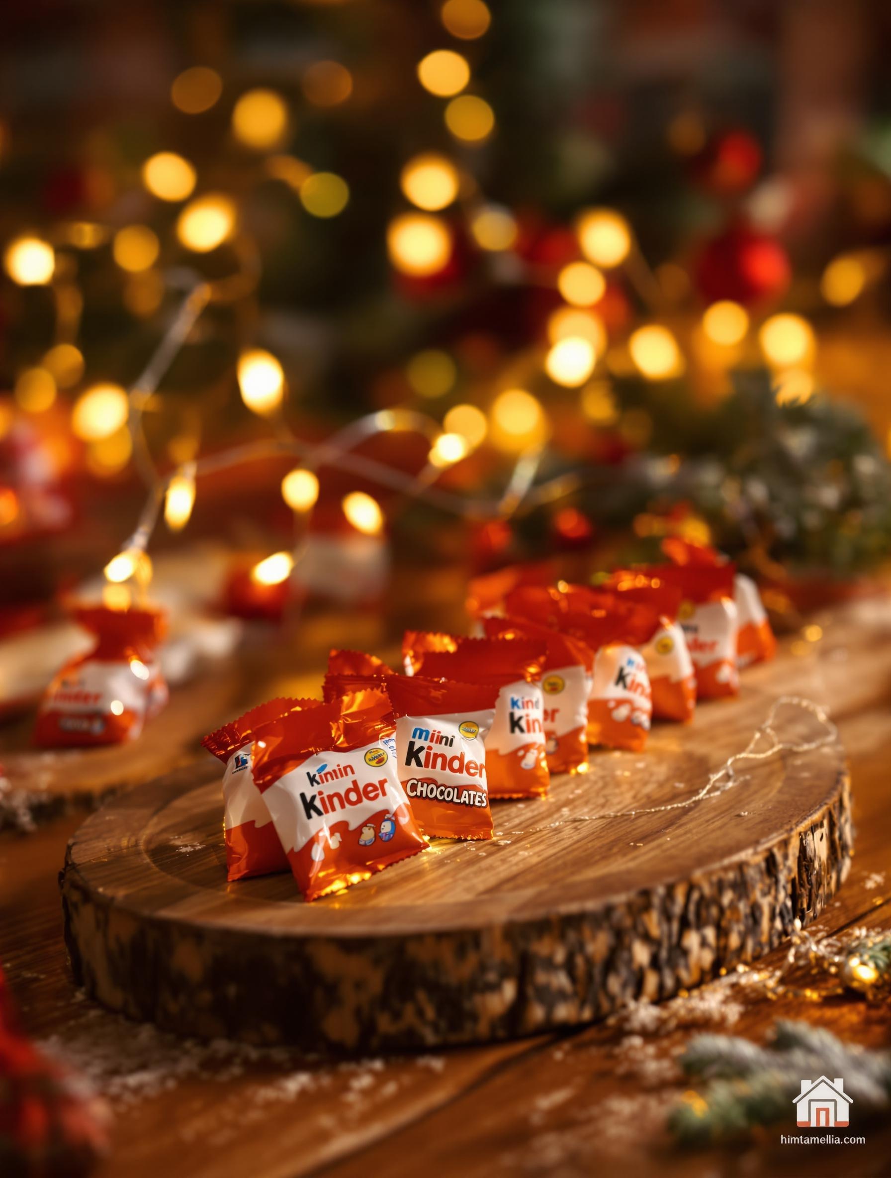 Rangée de mini chocolats Kinder version festive Noël sur plateau bois décor guirlande lumineuse