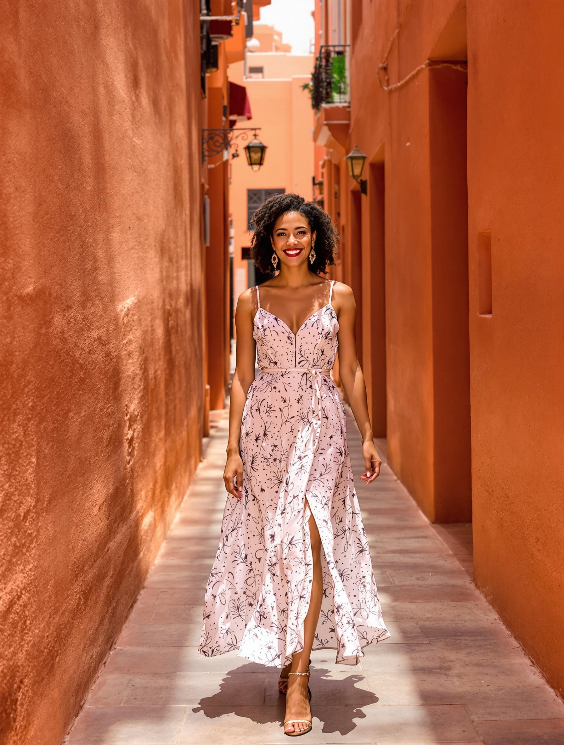 Robe midi marocaine fluide dans la rue