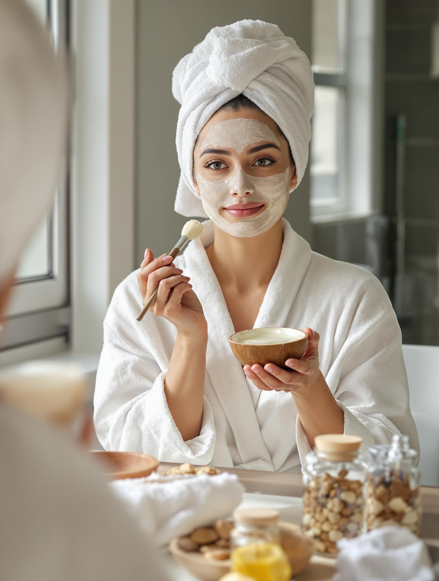 Routine beauté DIY femme appliquant un masque visage maison devant miroir