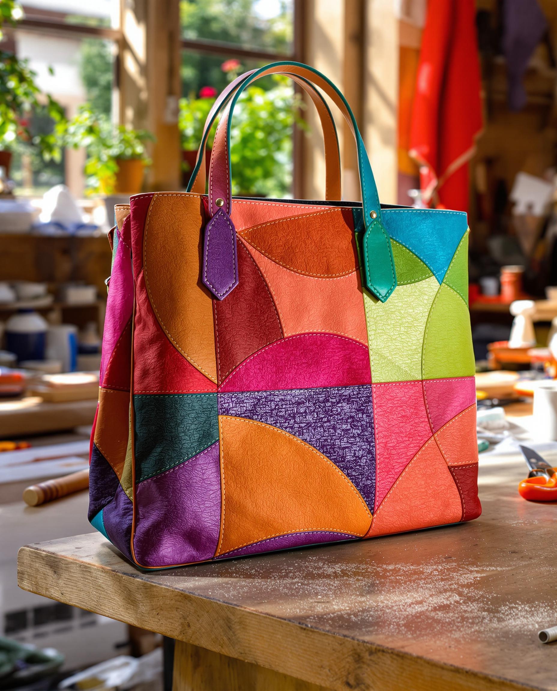 Sac cinq carrés en cuir et textile, motifs colorés en patchwork
