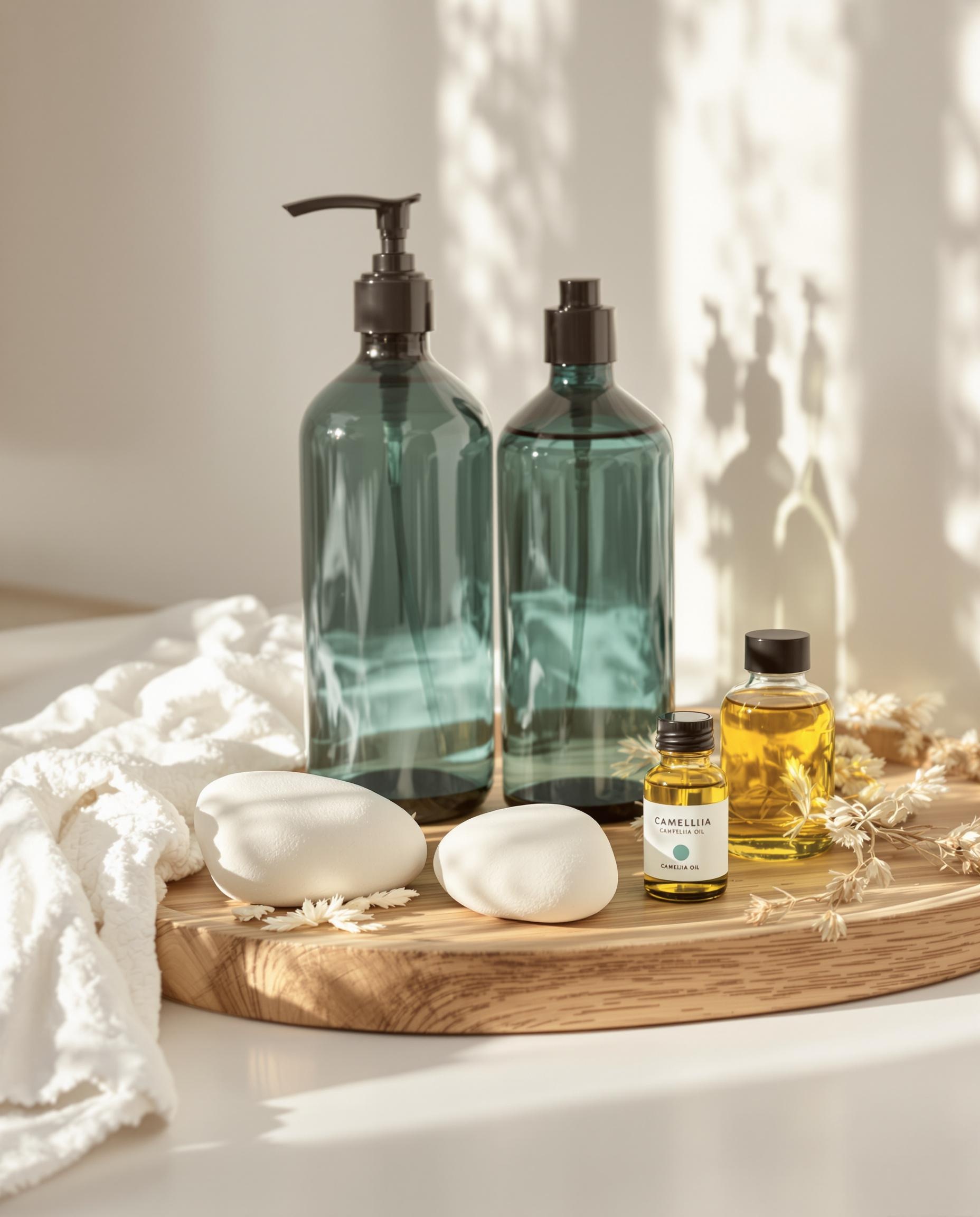 Salle de bain zéro déchet avec argile blanche, huile de camélia et flacons en verre