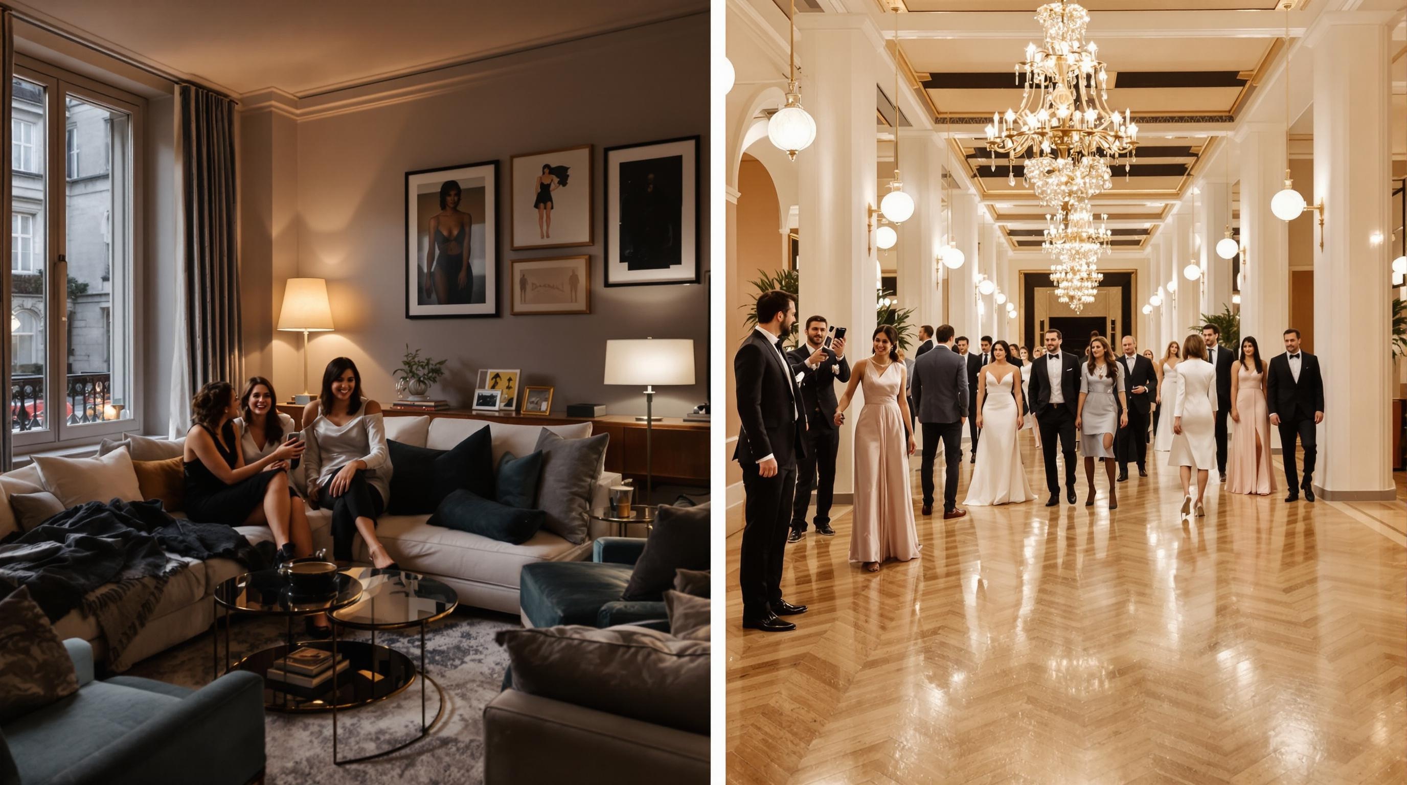 Salon cosy parisien comparé à une grande salle événementielle chic