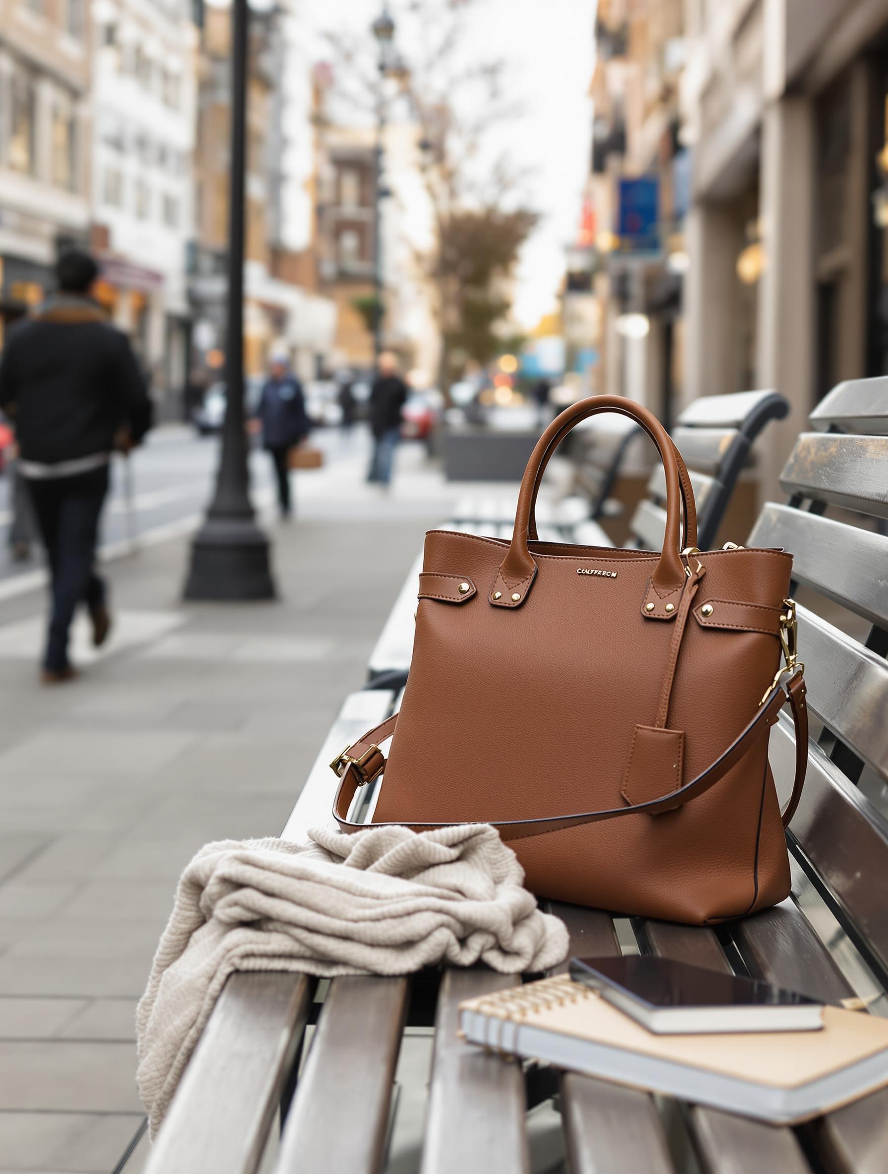 Sac structuré cuir mi-saison, gilet plié, smartphone et carnet matin urbain