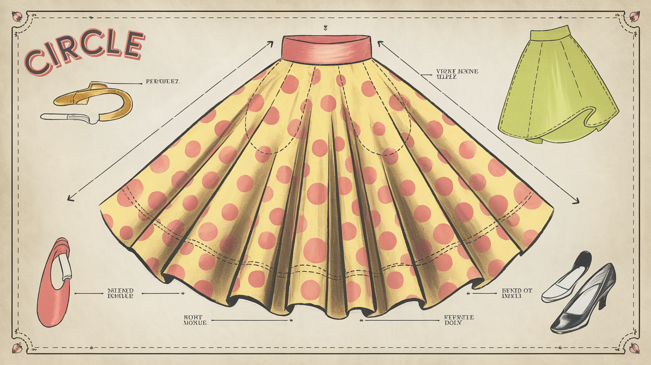Schéma jupe circle skirt années 50 et motifs à pois contrastés