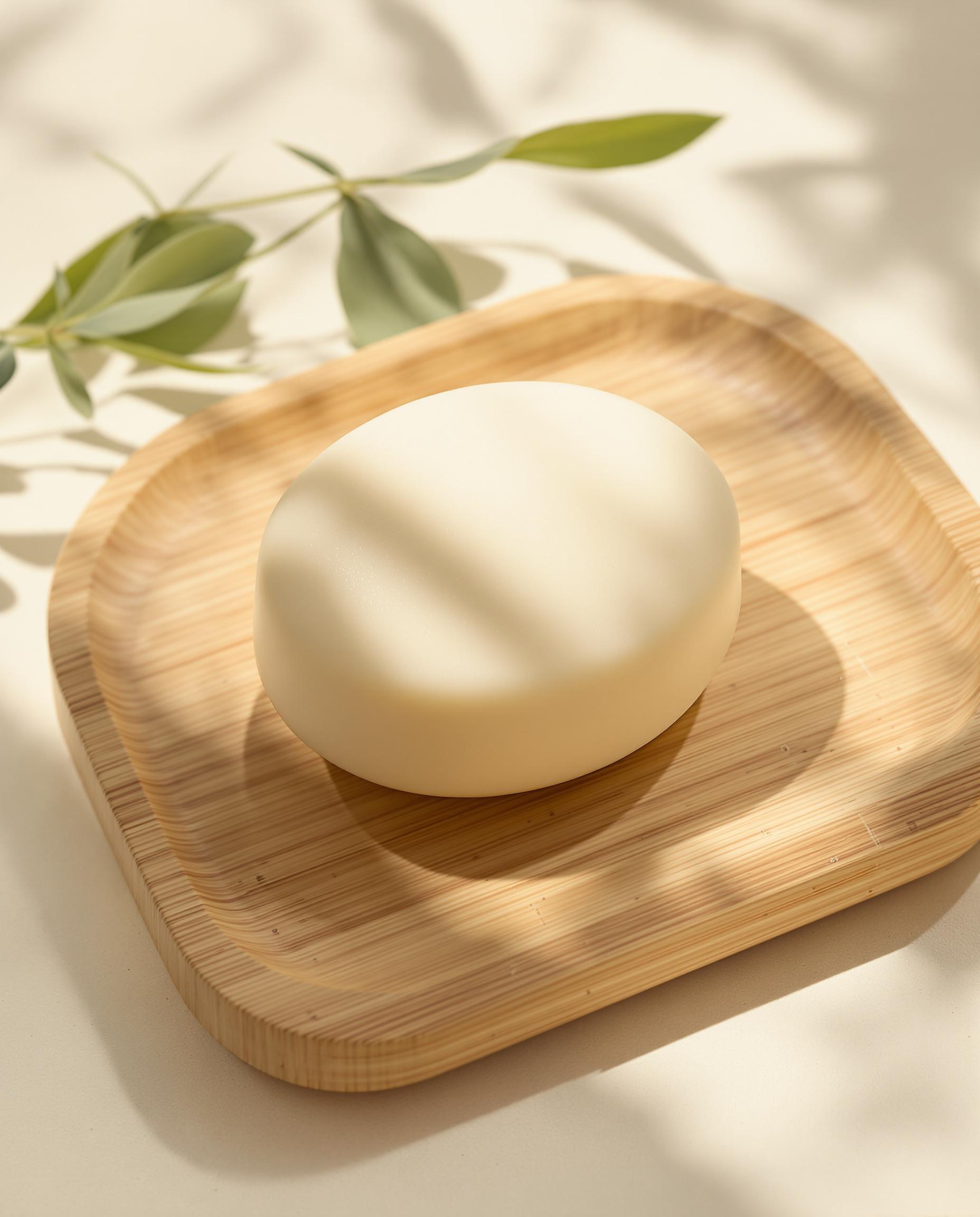 Shampoing solide artisanal sur un porte-savon en bambou