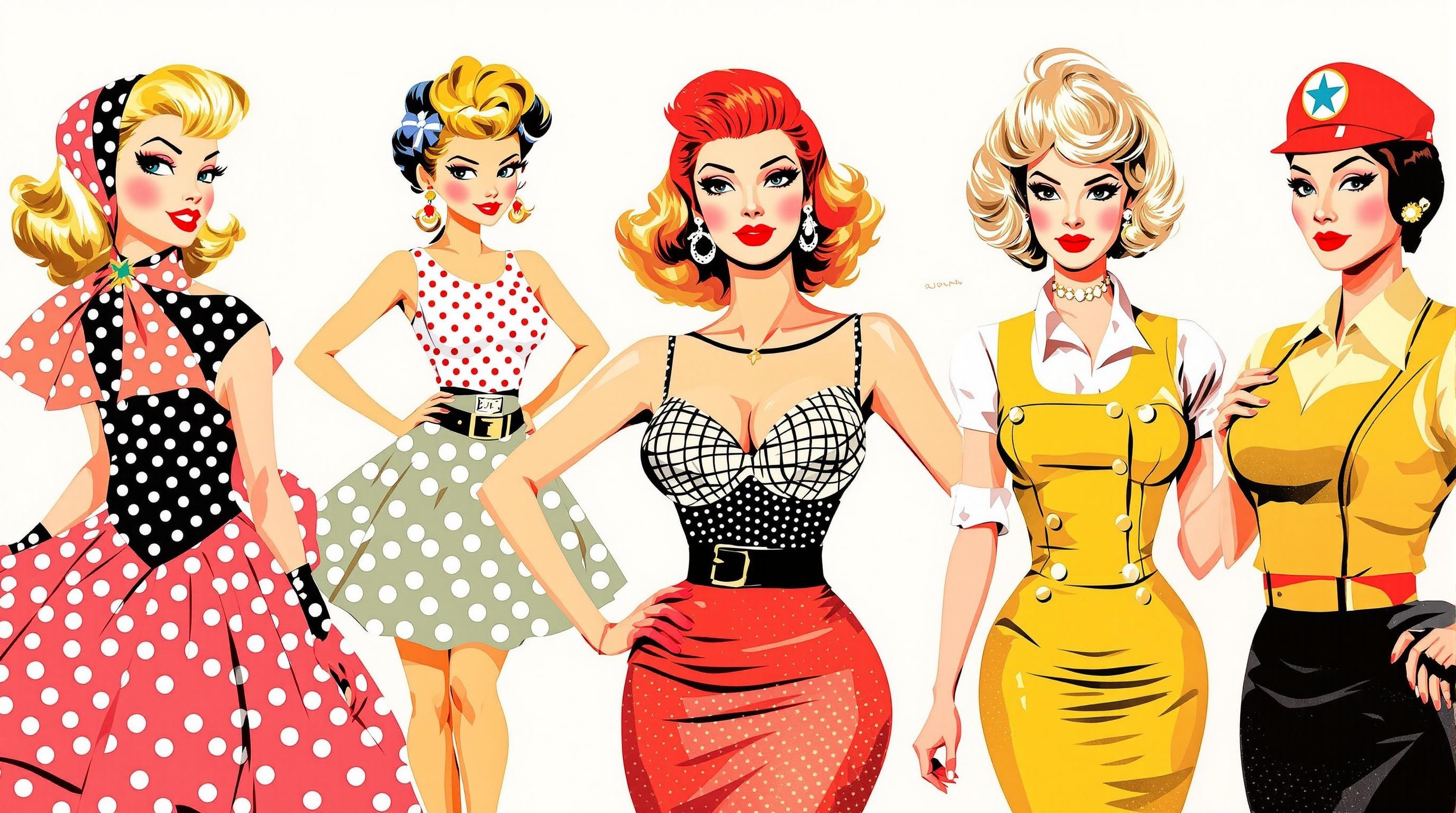 Cinq styles rétro années 50 : pin-up à pois, rockeuse rockabilly, saloon girl Grease, élégance robe fourreau et dîneuse diner américain.