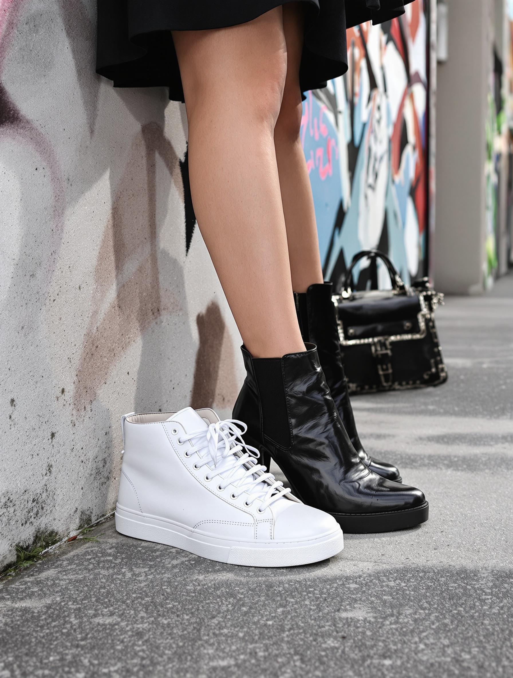 Sneakers blanches et bottines cuir noir – casual chic robe noire.