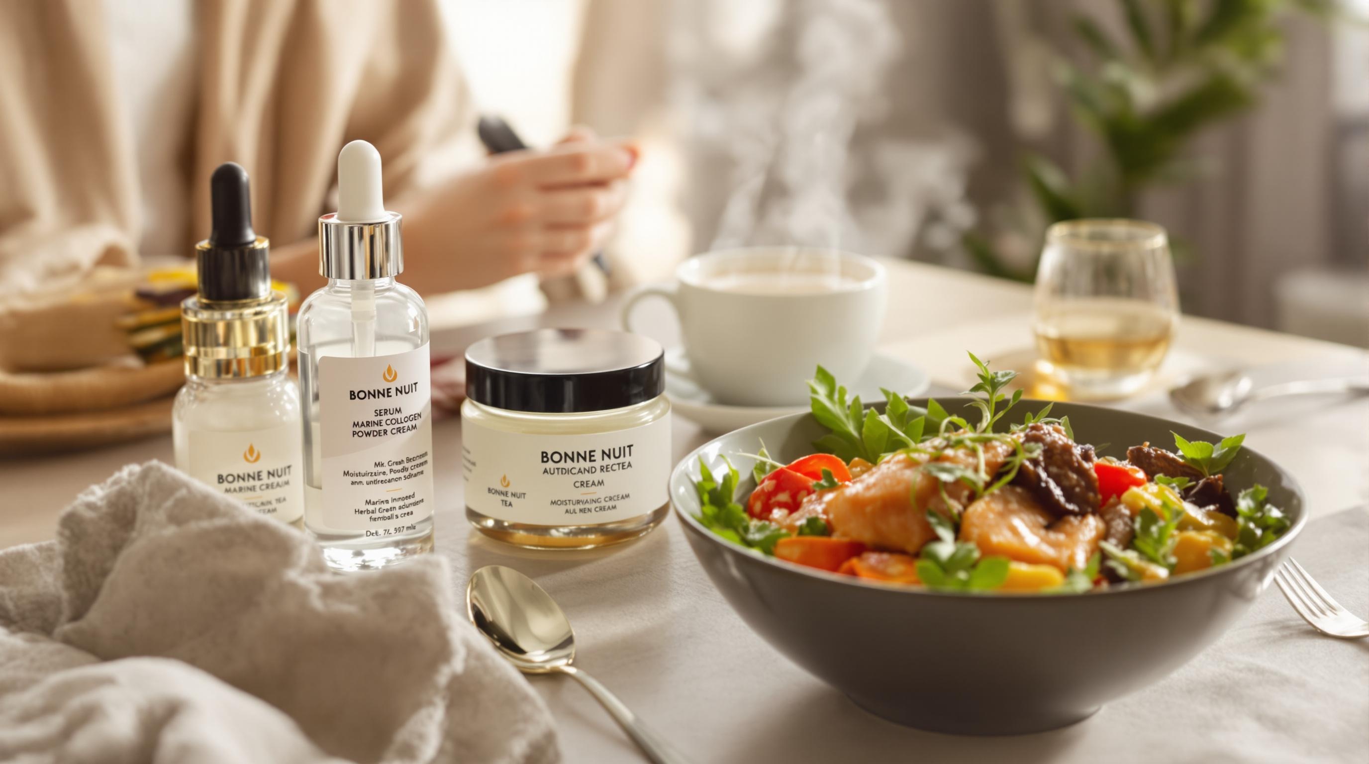 Routine beauté avec collagène marin, tisane, sérum et plats riches en antioxydants