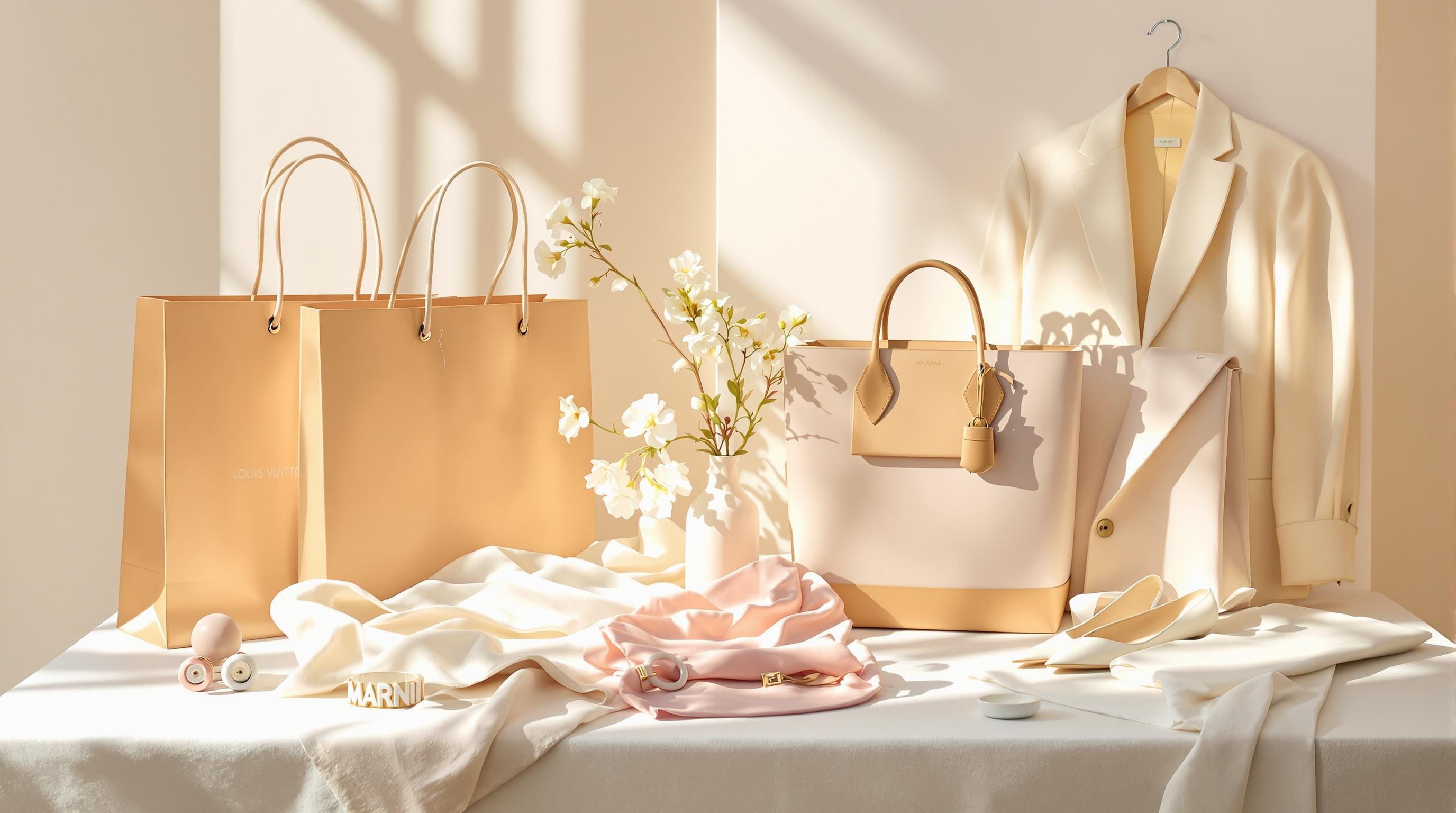 Shopping mode luxe printemps-été 2025 : sacs Louis Vuitton, vêtements pastel Chloé, accessoires Marni, veste Jil Sander.