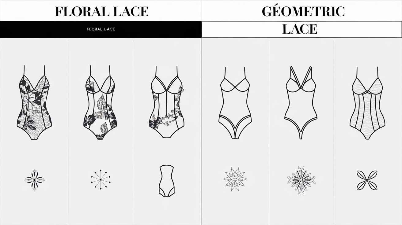 Tableau comparatif des motifs floraux et géométriques pour les bodys en dentelle selon la morphologie