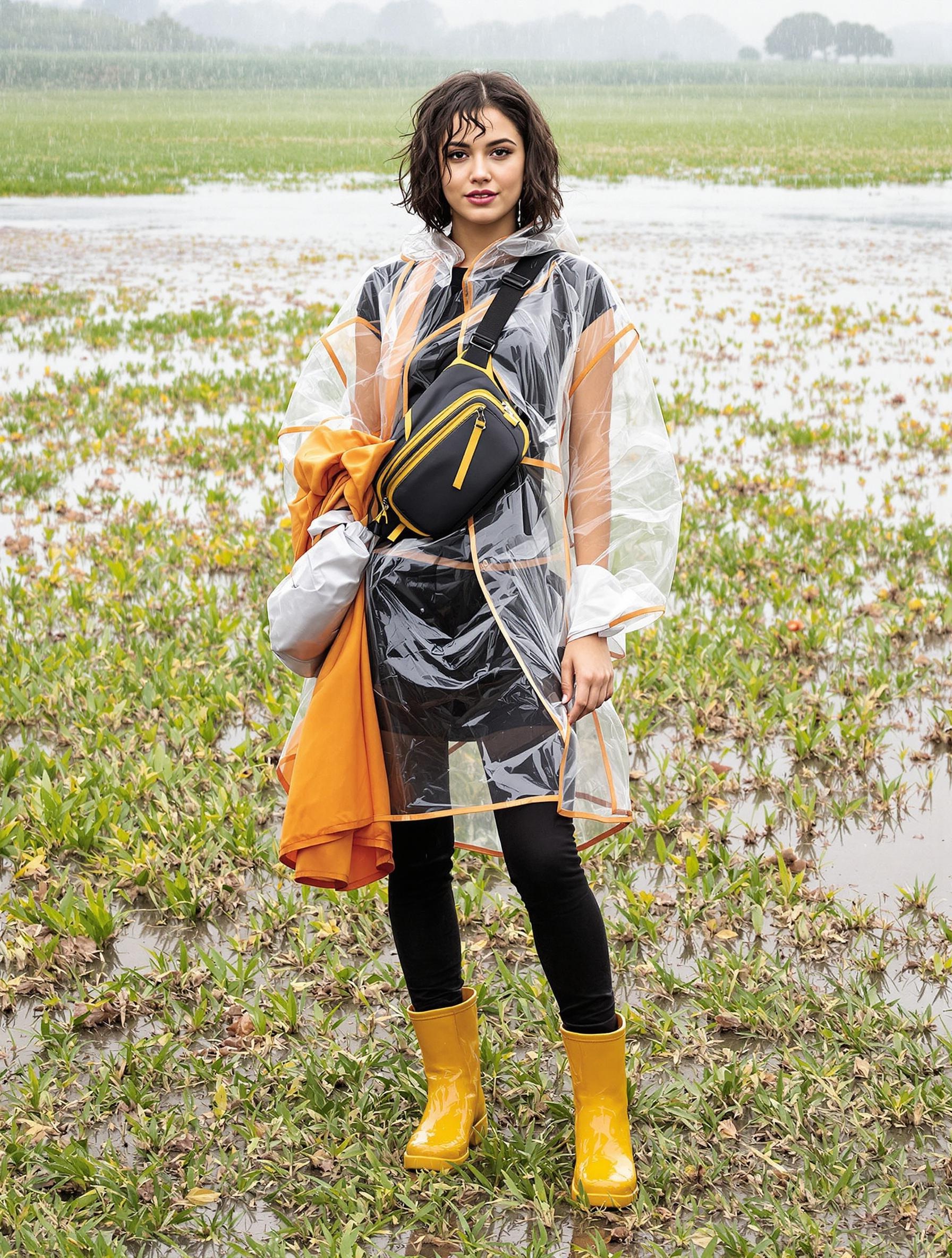 Tenue pour un festival sous la pluie : imperméable, bottines en caoutchouc, poncho compact et banane étanche