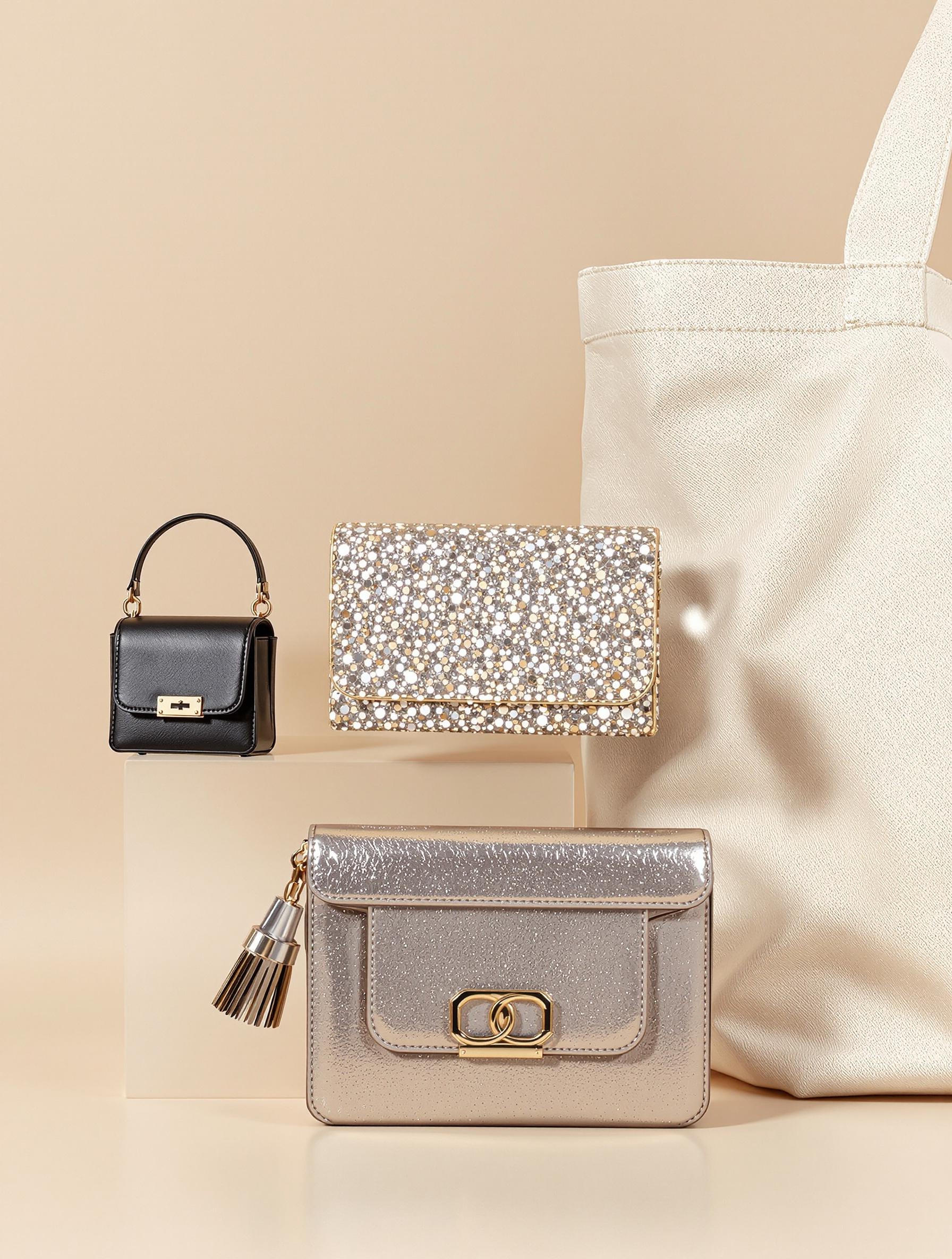 Trois sacs : micro-sac en cuir, pochette pailletée, sac surdimensionné en toile.