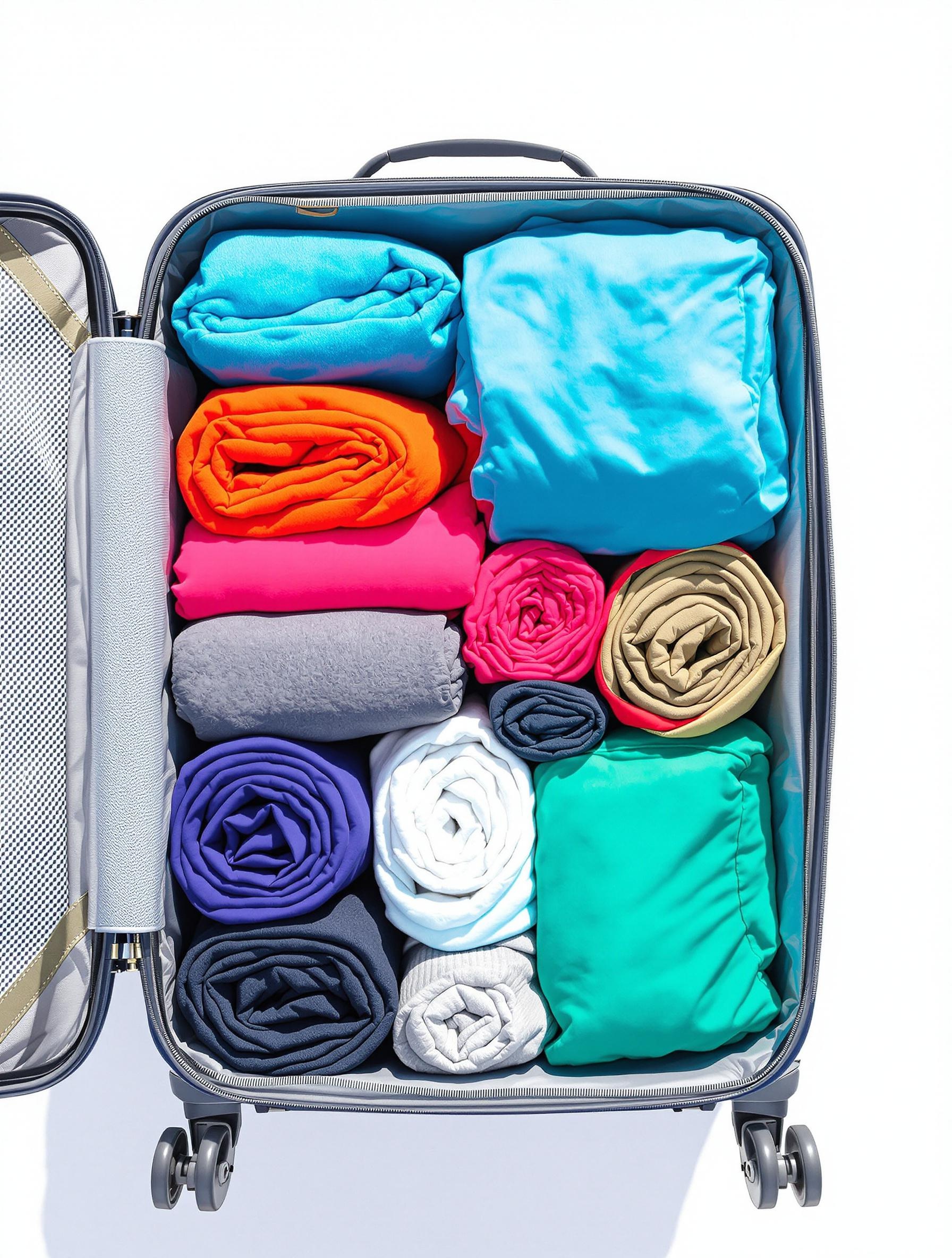 Valise cabine avec packing cubes et vêtements roulés pour l'hiver