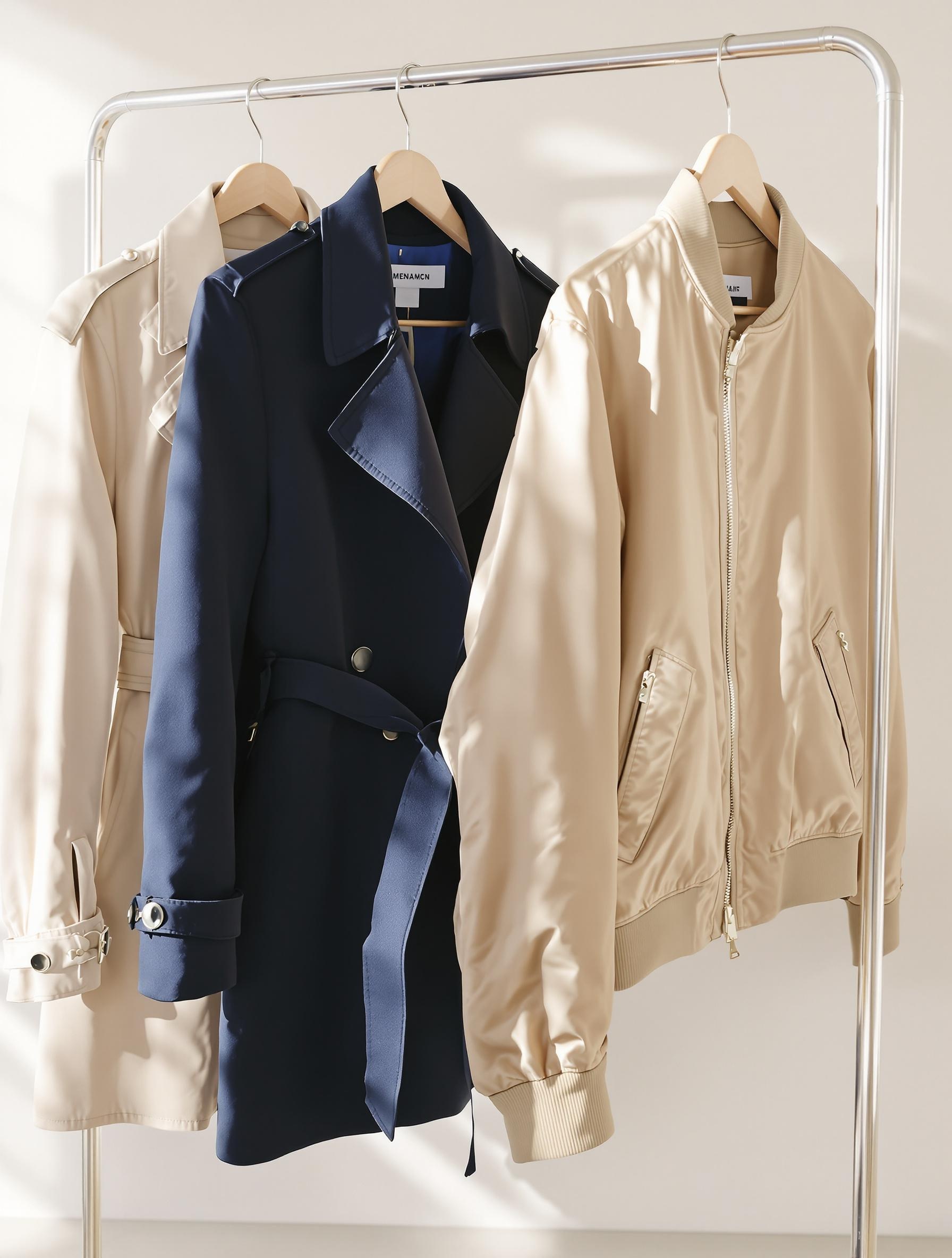 Trench beige brocante magique, caban structuré bleu marine et bomber satiné kaki sur cintres